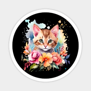 A cat decorated with beautiful watercolor flowers Magnet